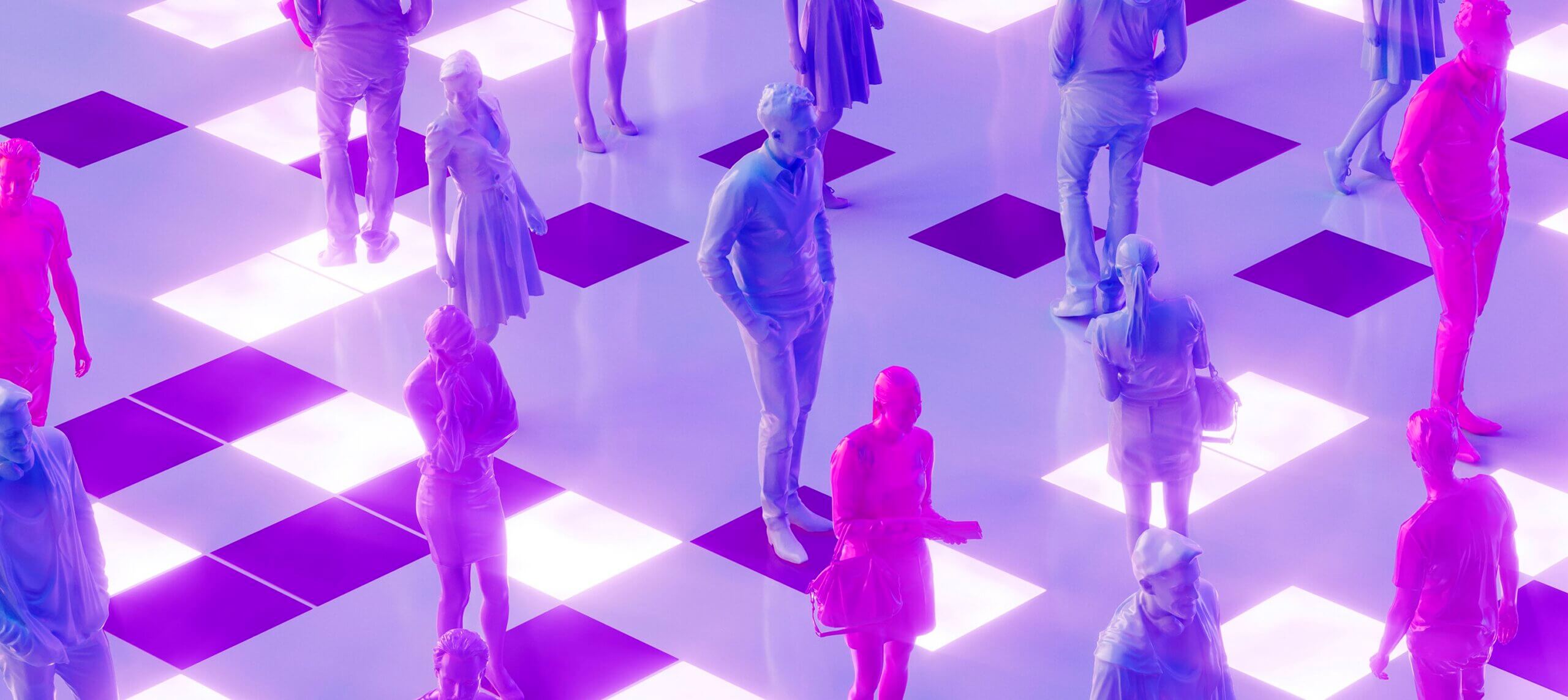 People walking in metaverse, futuristic technology background. 3d render. Digitally generated image.