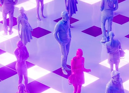 People walking in metaverse, futuristic technology background. 3d render. Digitally generated image.