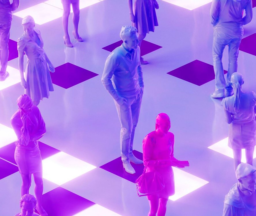 People walking in metaverse, futuristic technology background. 3d render. Digitally generated image.